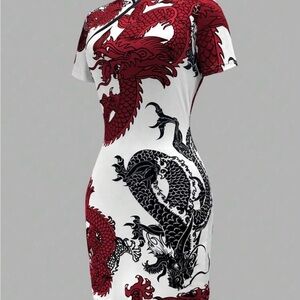 Elegant Red and Black Dragon Print Dress